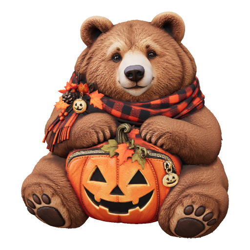 A bear with a pumpkin purse